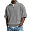Camisa Polo de Manga Corta para Hombre, Color Sólido, Waffle, Deportiva Casual, Estilo Nuevo de Verano Europeo y Americano, Cuello Alto, Hombros Caídos, Cremallera