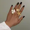 Conjunto de Anéis Bohemian Beach Style Liga Estrela-do-Mar Flor Concha Pérola ABS Ajustável Multi-Peças para Mulheres