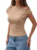 2026 Amazon Moda Transfronteriza Europea y Americana Camiseta de Manga Larga Acanalada Ajustada Asimétrica Hombros Descubiertos con Hebilla Metálica para Mujer