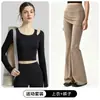 Conjunto Duas Peças de Yoga Top Ombro a Ombro Manga Longa Calça Longa de Cintura Alta Falsa Duas Peças Flare Conjunto de Roupa Esportiva para Fitness Feminina Outono