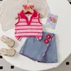Conjunto de Duas Peças Moda Europeia e Americana para Meninas 2026 Listrado com Gola + Jeans Bordado Floral Assimétrico
