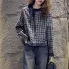 Camisa xadrez de outono com gola alta e mangas compridas para mulheres, modeladora, estilosa, versátil e casual