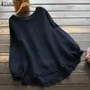 Ropa de mujer transfronteriza, top de algodón y lino con cuello redondo, volantes en las mangas largas, corte holgado, con dobladillo asimétrico de AliExpress