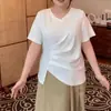 Camiseta Irregular V-neck Manga Curta Ombro Normal Tamanho Plus Size para Mulheres Verão MM Gordinha Cintura Marcada Cobertura da Barriga Top Pequeno Chique