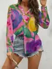 Camisa Transfronteriza Estilo Étnico Nuevo Estampado Floral Retro, Top Versátil de Manga Larga con Solapa Holgado para Mujer, Vacaciones