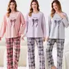 Temporada de calças compridas confortável pele comércio exterior gola redonda pijama feminino outono algodão pode ser usado fora blusa de frio estilo roupas de casa primavera outono manga longa casual