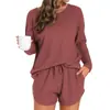 Conjunto de Pijama de Punto Waffle para Mujer Top de Manga Larga y Shorts a Juego Traje Casual Se Puede Usar Afuera Ropa de Casa