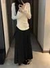¡Espesado! Falda midi de lana mezclada de color blanco roto con pelo de mapache, versátil para otoño e invierno, línea A, estilo cola de pez