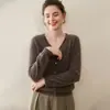 Cardigã de malha 100% cashmere feminino, novo outono e inverno, gola V, manga longa, versátil, de abotoamento simples, top cardigã macio