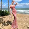 Vestido Longo de Férias na Praia Estilo Lan Yingying Cintura Marcada Uma Alça Plissado Manchas Slim Fit Colado ao Corpo Vestido de Alça para Mulheres