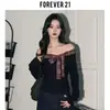 Sexy Hot Girl Xadrez Retrô Ins Ombro Único Top Slim Feminino Preto Doce Laço Camiseta Manga Longa