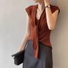 Chaleco de Punto con Escote en V Estilo Francés con Cinta para Mujer, Camiseta Básica sin Mangas de Lana, Top Delgado Elegante de Corte Ajustado