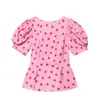 26 Chegada Nova de Verão Moda Feminina Estilo Europeu e Americano Sexy Aberto nas Costas Decote V Manga Bufante Poá Rosa Top Emagrecedor