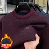 Suéter de inverno vermelho para homens no ano do seu signo, forrado com fleece e espesso, gola redonda, para meia-idade e idosos, malha de base, roupa quente para o vovô