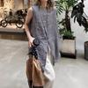 Vestido Chemise de Verão 2026 Algodão e Linho Tamanho Plus Size Solto Emagrecedor Sem Mangas Comprimento Médio