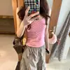 Top Camisola Rosa Sem Mangas Poá Retro Estilo Coreano para Mulheres, Verão Emagrecedor Valorizador Versátil Design Casual