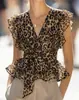 Comercio exterior Ropa europea y americana para mujer, top corto vintage de cuello en V con estampado de leopardo, mangas cortas acampanadas, tirantes con volantes, ajuste a la cintura y dobladillo con volantes.
