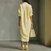 2026 Camisa Vestido Suelta de Algodón y Lino Transfronteriza Europea y Americana Manga Larga Solapa Mangas Enrolladas Abertura Vestido Camisa de Longitud Media