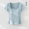 Camiseta Feminina de Tencel Lyocell com Decote Quadrado, Linha Sereia e Cintura Marcada, Item Quente para Live-Stream de Verão com Bojos, Top de Manga Curta para o Dia a Dia