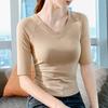 Playera de Manga Media de Color Sólido para Mujer 2025 Nueva Camiseta Elegante de Cuello en V con Bajo Acanalado para Mujer Top Raglán con Cintura Plisada