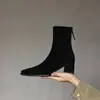 E-commerce Transfronteiriço Botas Elásticas Quadradas Foscas com Salto Bloco Outono Inverno Salto Médio Camurça Zíper Traseiro Preto Versátil Botas Martin