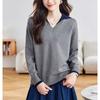 Outono 2026 Novo Design Manga Longa Suéter Básico Elegante Falso Duas Peças Color Block Gola Reversível Suéter de Tricô para Mulheres