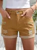 Shorts de Mezclilla Elástica Rasgados de Cintura Baja Estilo Callejero Europeo y Americano para Mujer, Ajustados con Bordes Plegados, Estilo Sexy de Chica Caliente Multicolor