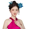 2023 Nuevo Tocados de Novia Estilo Nacional Accesorios de Estilismo Flor de Terciopelo Azul Pasador con Borla Nuevo Estilo Chino Accesorios para el Cabello del Vestido Xiuhe