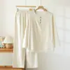 Pijama masculino de algodão e linho, estilo simples, conjunto de loungewear de manga longa e perna longa para primavera e outono, pode ser usado como roupa externa, corte solto, plus size