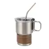 Taza portátil de acero inoxidable 304 con popote, asa con veta de madera, taza de café para exteriores, vaso de agua irrompible, taza con popote