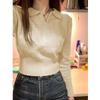 Polo Gola V Tricotada Camiseta Base para Mulheres, Outono e Inverno 2025, Ajuste Slim, Estilo Curto, Top Camada Interna, Suéter Elegante
