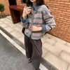 Cárdigan de punto de mezclilla patchwork a rayas estilo japonés y coreano transfronterizo, nueva colección otoño/invierno 2026, chaqueta suéter casual de corte holgado para mujer