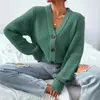 Suéter de punto de manga larga para comercio exterior transfronterizo, color liso, cuello de botonadura única, cárdigan de punto para otoño e invierno, chaqueta de moda versátil de corte holgado para mujer