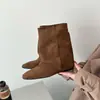 Botas Cortas de Moda Otoño Nuevas Hermosas de Punta Cuadrada Estilo Western para Mujer 2026 Apertura de Pierna Ancha Botas que Aumentan la Altura Interior para Mujer