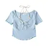 Costura em Cor Contrastante Falso Duas Peças Manga Curta Feminino Doce e Picante Orelha de Laço Camiseta Slim Fit Curta para Verão