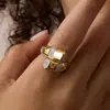 Anillo con Patrón de Serpiente Acero Inoxidable Chapado al Vacío Oro PVD Incrustado con Circonita Anillo Abierto Moda Europea y Americana Retro Joyería de Mano para Mujer