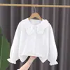 Camisa Branca de Algodão Puro para Meninas 2026 Nova Coleção Primavera e Outono Roupas Infantis Camisa Branca com Gola Boneca para 4-10 Anos
