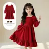 Vestido Rojo de Cuadrado para Niña Primavera y Otoño Nuevo Ropa Infantil Niños Medianos y Grandes Elegante Vestido de Princesa Vestido de Manga Larga