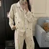 Yunduo Algodão Outono 2025 Pijama Feminino Calça de Manga Longa Cardigã Gola Lapela Pijama Conjunto Casual Feminino Roupa de Casa