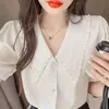 Camisa de Chifón Dulce Francesa de Moda para Mujer, Manga Corta, Sentido del Diseño, Nicho, Verano, Manga Abullonada, Top Corto