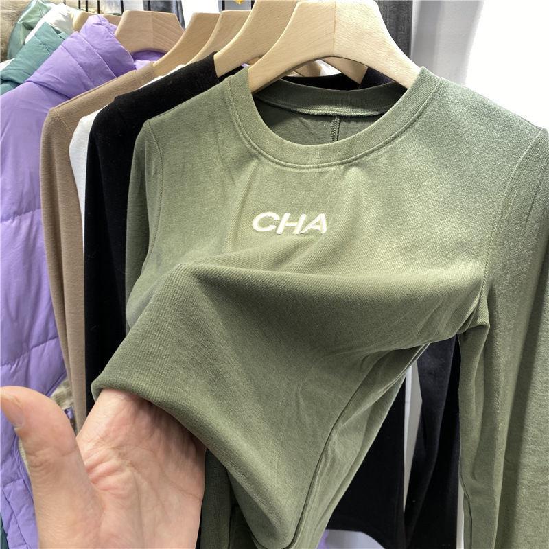 双面德绒字母刺绣长袖T恤女春季新款圆领加绒加厚内搭打底衫上衣