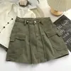 Falda Corta de Mezclilla Color Caqui para Mujer, Anti-Exposición, Nuevo Estilo Otoño 2025, Bolsillo Cargo, Falda Bodycon de Cintura Alta en Línea A