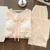 Pijama Estilo Princesa para Mulheres, Primavera/Outono, Bojos Finos Embutidos, Renda de Algodão Nuvem, Conjunto de Roupa de Casa com Blusa de Manga Longa e Calça Longa