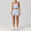 Conjunto deportivo de estilo europeo y americano para mujer, adelgazante, de cintura alta, ajustado, con bloques de color, shorts de fitness transpirables, camiseta sin mangas casual simple
