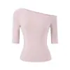 Camiseta Pura y Atractiva de Tencel Hombros Descubiertos Manga Media para Mujer, Nuevo Estilo Verano 2026, Ceñida a la Cintura, Fruncida, Corte Ajustado, Top Corto para Chicas Atrevidas