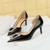 638-Ak30 Zapatos de Banquete para Mujer Estilo Europeo y Americano Tacones Altos de Aguja Charol Boca Baja Punta Afilada Recorte Lateral Hebilla de Pedrería Flats para Mujer