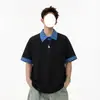 Camiseta Polo de Manga Curta com Patchwork Xadrez Estilo College Coreano para Homens e Mulheres, Design de Verão com Top Falso de Duas Peças com Gola Lapela