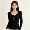 Suéter de punto de terciopelo Andi con un tacto de alta gama, top de punto con botones y cuello en U, camiseta base para mujer que ajusta la cintura, nuevo estilo de principios de otoño