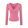 Camiseta de manga larga con escote en V profundo y corte bajo, puramente seductora para mujer, primavera y otoño, ajustada, adelgazante, top corto rosa