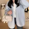 Suéter de malha curto feminino com padrão de casca de árvore, mangas bufantes, para outono e inverno, jaqueta cardigã versátil e da moda, suéter sem gola